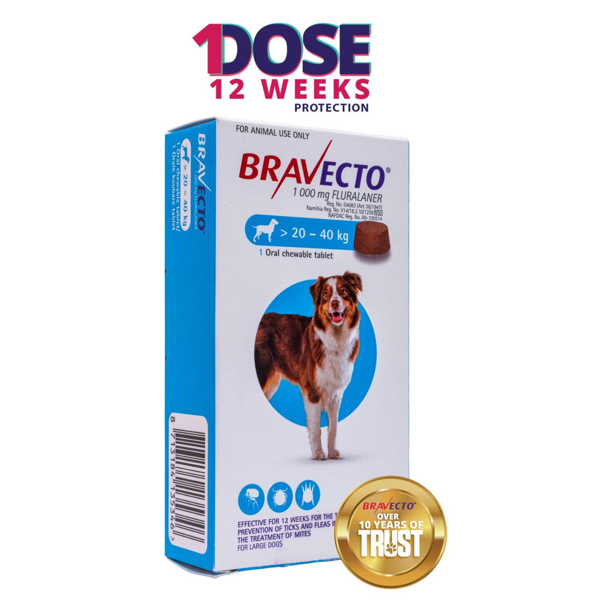 Bravecto Lrg 1xTab 1000mg 1' (20-40kg) Blue