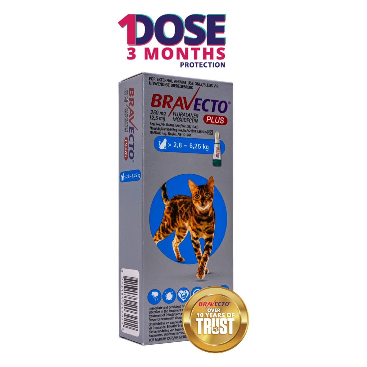 Bravecto PLUS Med Cat 250mg (2.8-6.25kg) Blue
