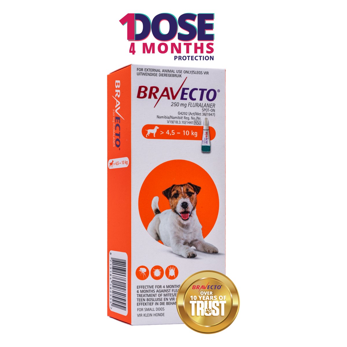 Bravecto Spot-On Sml Dog (4.5-10kg) Orange 250mg